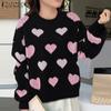 Women Autumn Long Sleeve Heart Print Casual Knitted Jumper Sweater