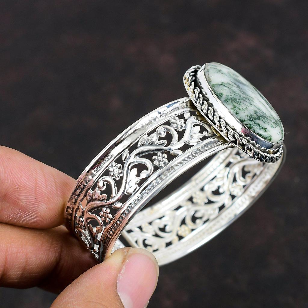 Браслет-манжета из древесного агата с драгоценными камнями, браслет из стерлингового серебра 925 пробы, регулируемый браслет-манжета, браслет ручной работы, уникальный дизайн, ювелирные изделия, свадебные подарки