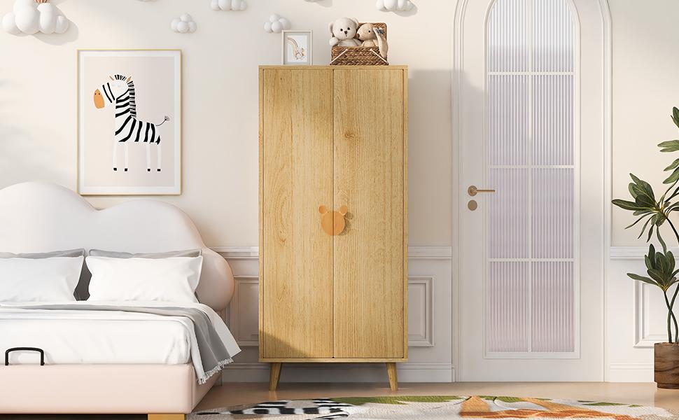 Wardrobe 70 × 55 × 170 cm, double door design with large storage compartments, cartoon-shaped handles and raised feet, wood color