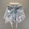 Denim Shorts Women's Summer Clothes New European High Waist Thin Heavy Industry Beaded Sequined Fringed Broken Copper Jeans