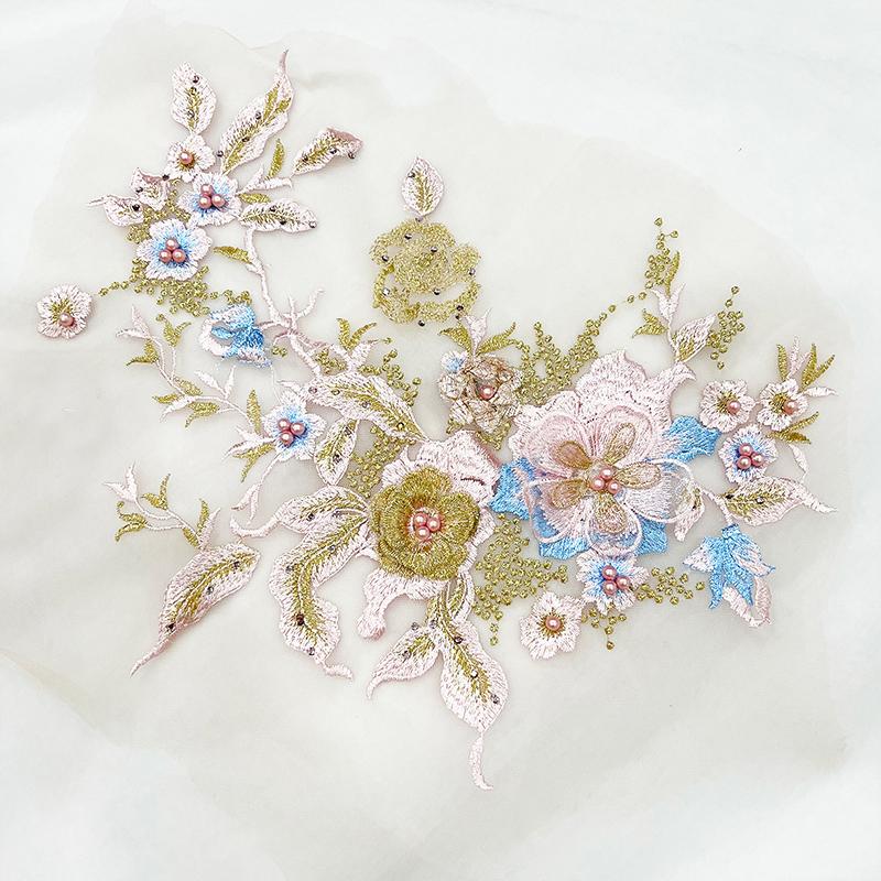 3D Flower Beaded Lace Fabric Applique Embroidery Sewing On Patches For Wedding Evening Dress Clothing Patch Sewing Accessories
