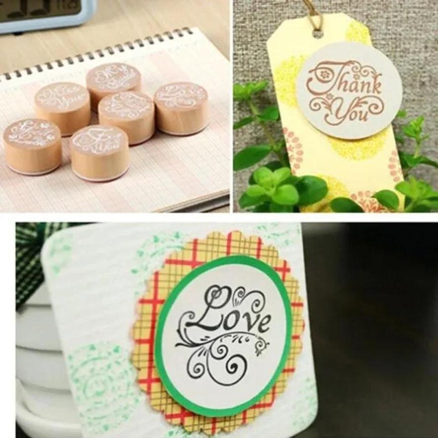 1 Pcs Creative Retro Round Wooden Stamp Popular Handwriting Wish Sentiment Wooden Rubber Round Stamp Floral Choose Word