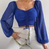 Summer New V-neck Chiffon Drawstring Lantern Sleeve Tight Fashion Sexy Shirt Top