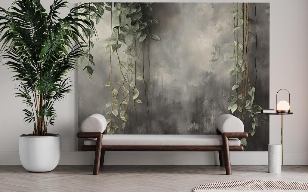 Обои Листья на фоне бетона