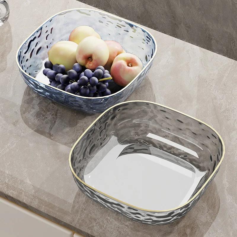 1pc Light Luxury Household Fruit Plate Plastic Transparent Dishes Tray Golden Edge Salad Dessert Biscuit Snacks Plates Tableware