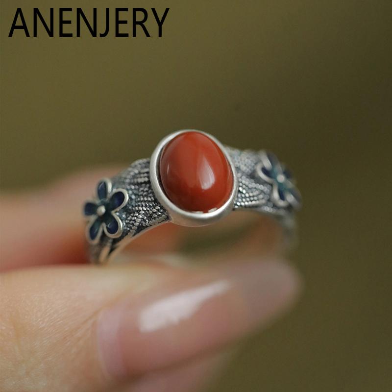 ANENJERY Кольцо с цветочным узором из красного камня для женщин в винтажном этническом стиле, элегантное, креативное, специальное, оптовая продажа ювелирных изделий