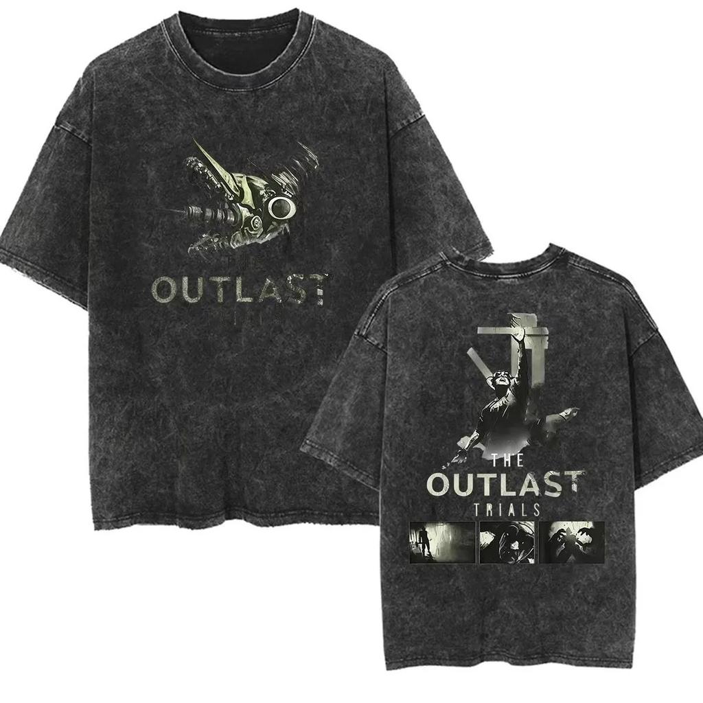New The Outlast Trials Game Print Short-sleeved Washed and Distressed Loose-fitting T-shirt for Men and Women