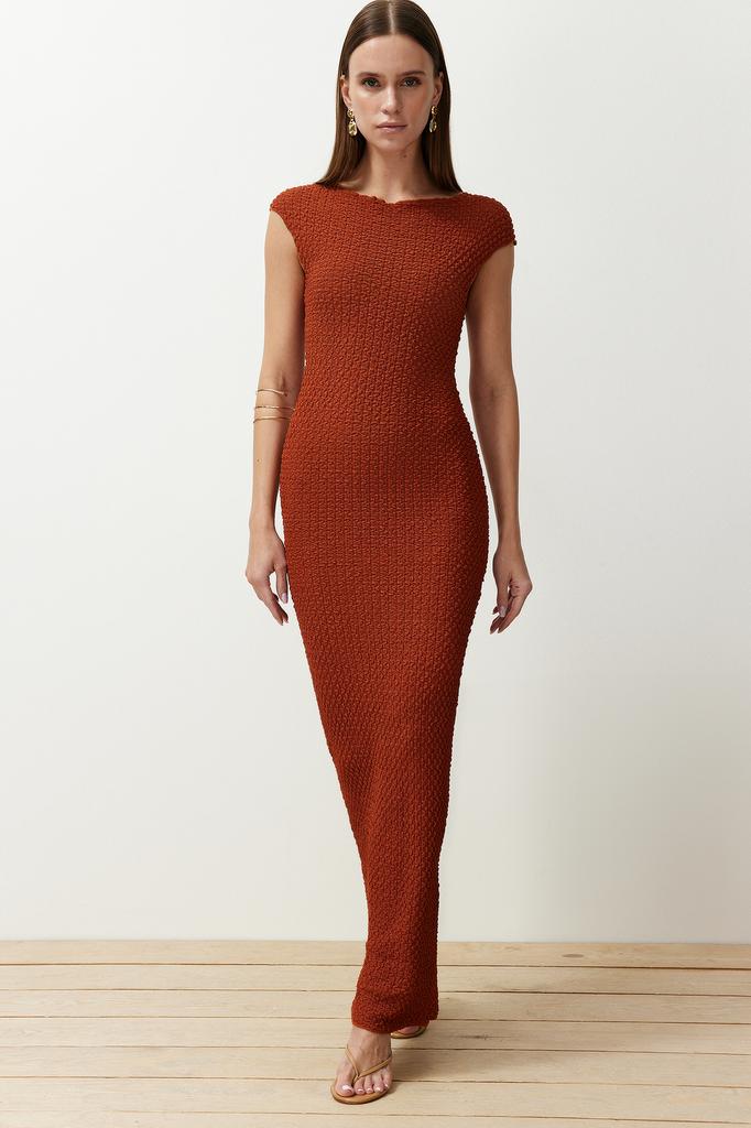 Women's Dress New Season Fashion Tile Textured Fabric Fitted Moon Sleeve Knitted Midi Dress