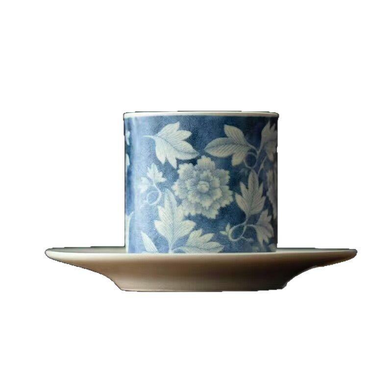Retro Blue And White Cup And Saucer Set, Household Single Coarse Pottery Teacup, National Color Master Cup Tea Cup Matte Coaster Set