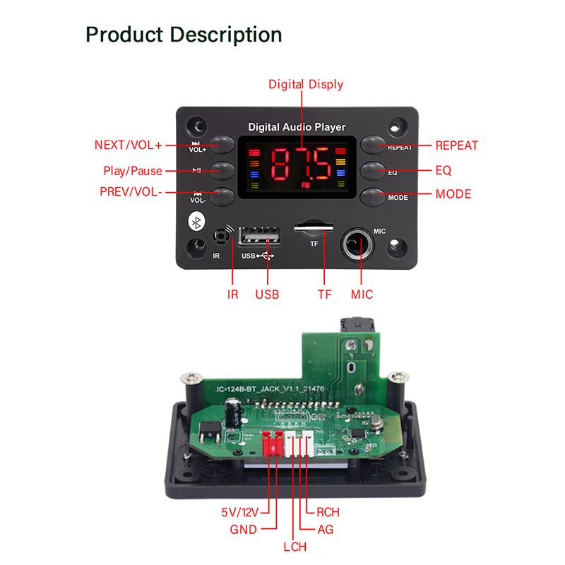 DC 5V-12V Bluetooth 5.0 MP3 WMA WAV APE Плата декодера Автомобильные аудиомодули громкой связи Микрофон USB TF FM Радио MP3 Музыкальный плеер Динамик