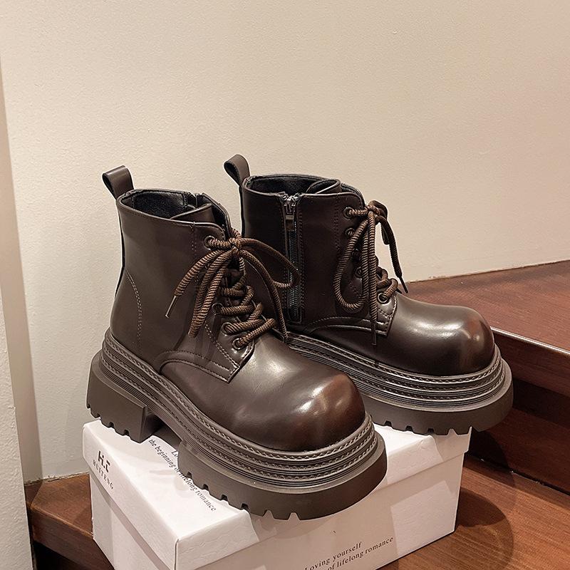 British Style Versatile Shoes Women Spring Autumn New Style Thick Sole Height Increasing Lace Up Round Toe Single Shoe