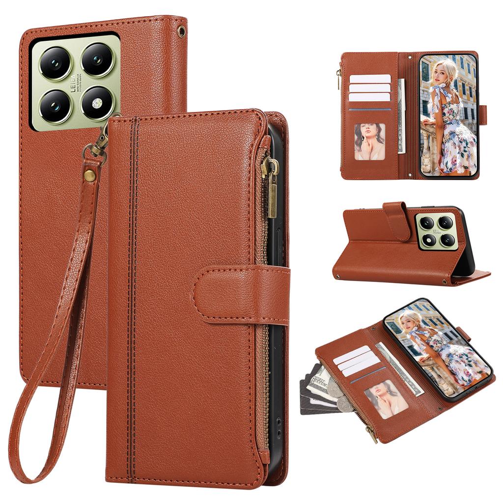 Чехол для Xiaomi 14T Pro, кожаный чехол для телефона на молнии с несколькими отделениями для карт и ремешком на запястье