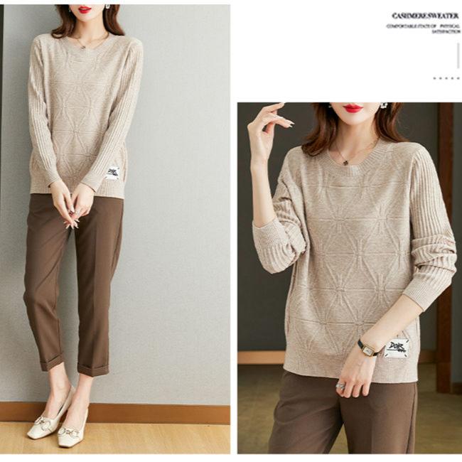 Осень-зима Женский свитер больших размеров Свободный короткий пуловер Трикотажный свитер Жаккардовый круглый вырез Стрейч Джемпер Трикотажный топ