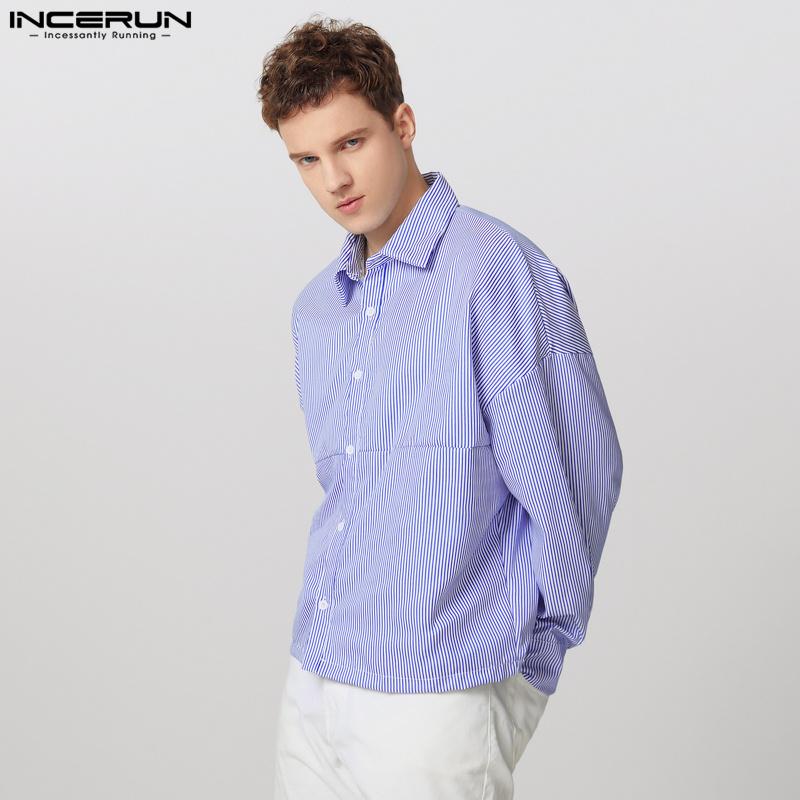 INCERUN Мужские рубашки с лацканами, длинными рукавами, в полоску, повседневные, на пуговицах