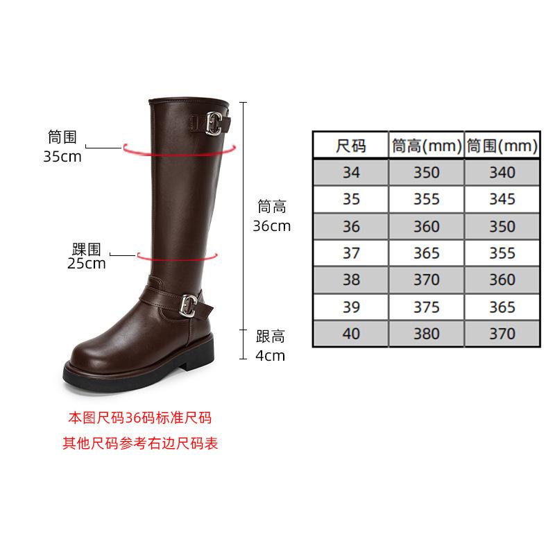 Cowhide version, autumn and winter round head buckle with thick heel but knee back zipper medium-high knight boots women's leather