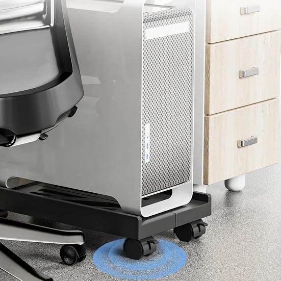 Выдвижная база с вращающимися на 360 градусов колесами. Полая конструкция для рассеивания тепла. Регулируемая ширина. Стабильная структура. Запираемый держатель ЦП.