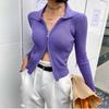 Women’s Double Zipper Breathable Short Knit Cardigan Collared V-neck Long Sleeve Sexy Lightweight Sweater Polo Neck Elegant Solid Soft Cardigan Top