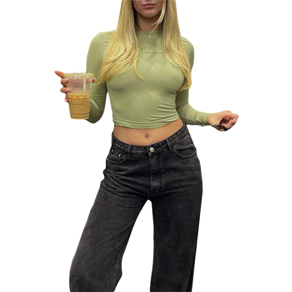 2023 Женская футболка с длинным рукавом, приталенная, нестандартная, однотонная, с круглым вырезом