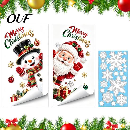 Festive Home Window Decor Christmas Static Clings, Santa Snowman PVC Stickers, Waterproof Glass Stickers Decals for Shop Holiday Decorations Snowflake