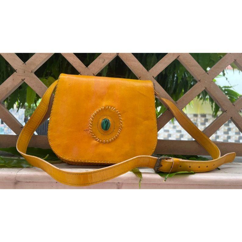 Leather Bag Unique Yellow Buffalo Leather Bag With Beautiful Stone Crossbody Bag Side Bag Ladies Bag Small Travel Bag