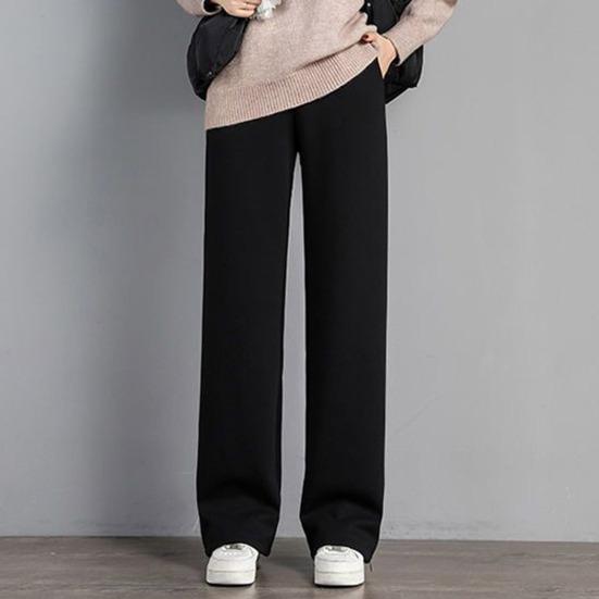 Women Autumn Winter Fleece Lining Pants Elastic High Waist Straight Wide Leg Pants Solid Color Loose Fit Long Trousers