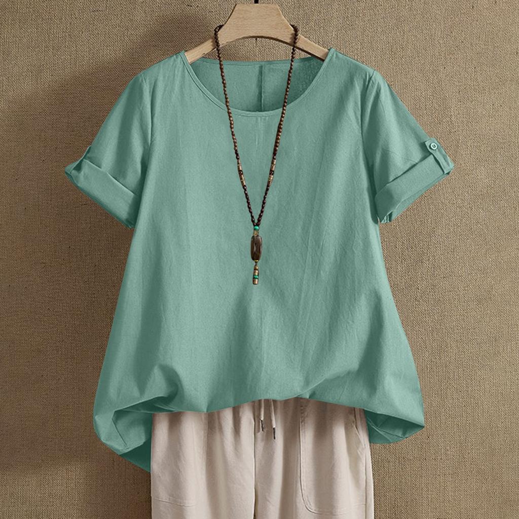 Womens Shirt Round Neck Short Sleeve Blouse Tops Fashion Solid Color Loose Casual Summer Tops