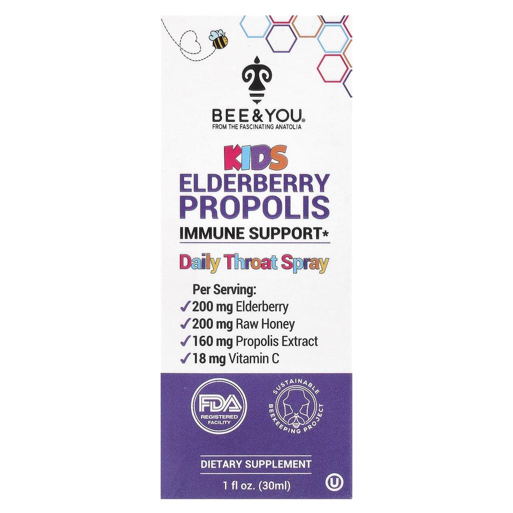 Bee & You, Children's Elderberry Propolis Daily Throat Spray, 30Ml (1Fl Oz)