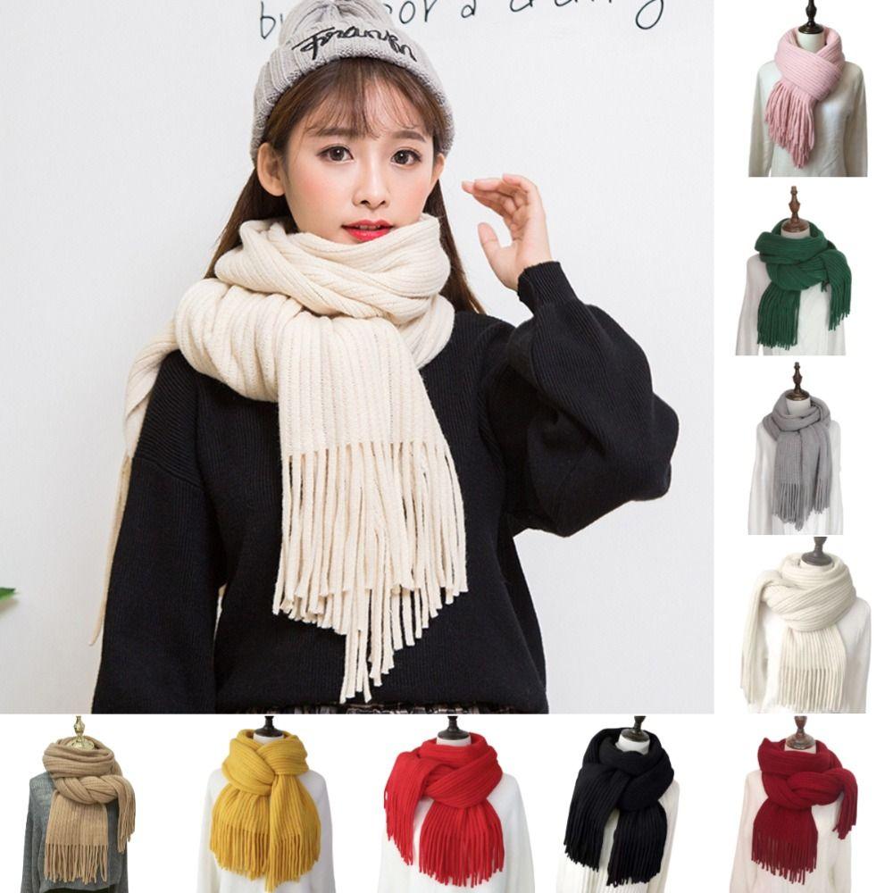 Long Tassel Solid Color Scarves Soft Knitted Scarf New Winter Cashmere Scarf  Women