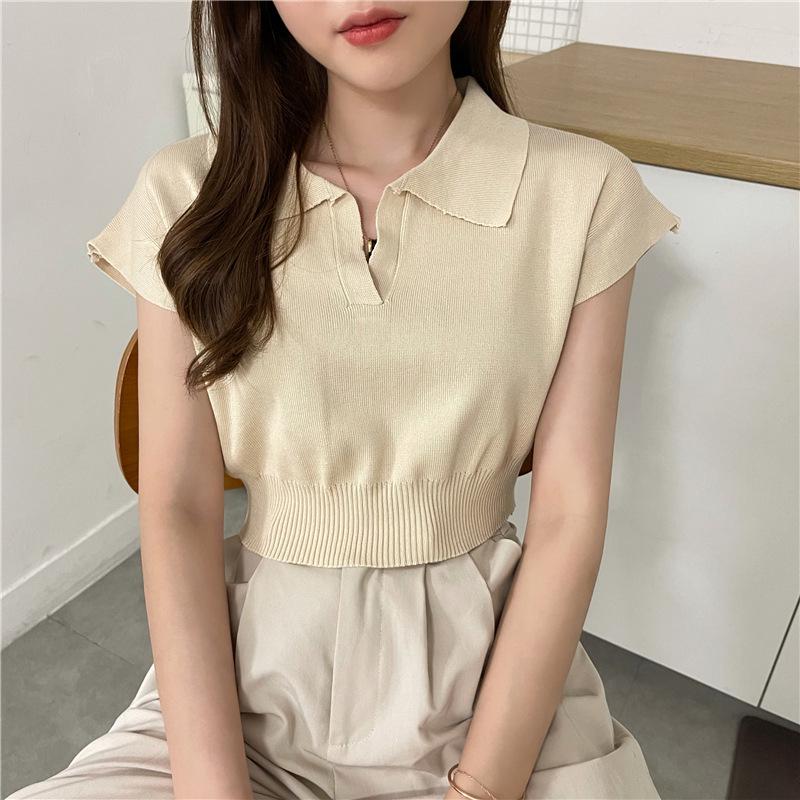 Женский тонкий трикотажный свитер-поло с короткими рукавами - лето 2022 г. в корейском стиле