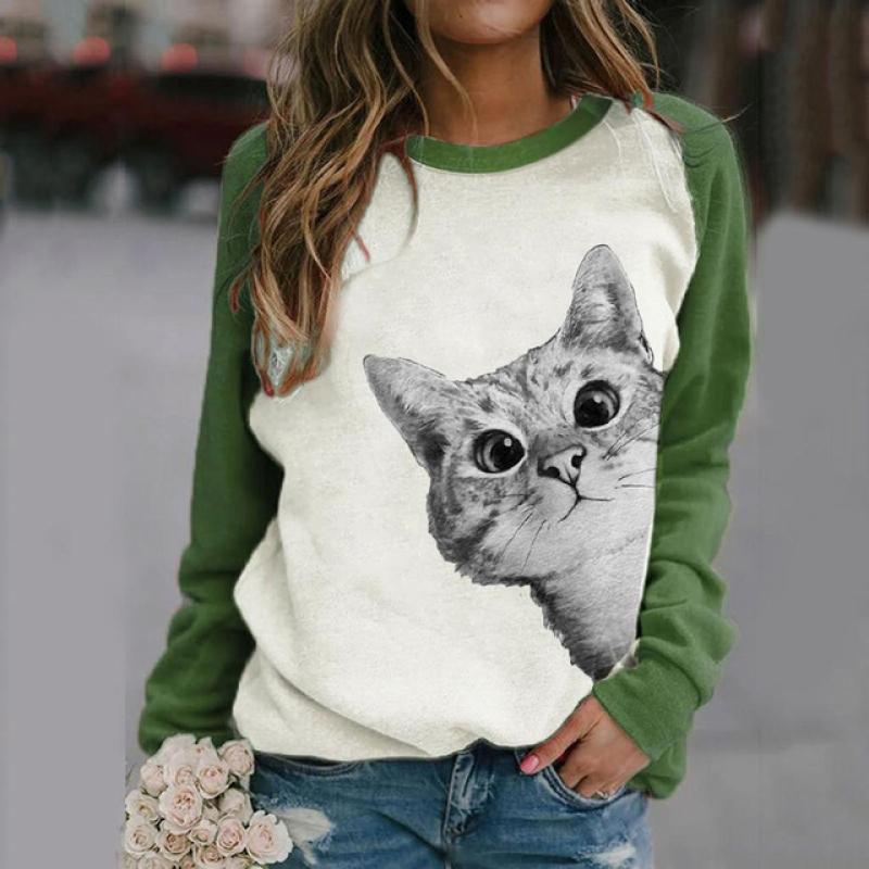 Женские топы с круглым вырезом, забавный милый кот, Повседневная толстовка с принтом Kawaii, пуловер с рисунком животных, женская одежда