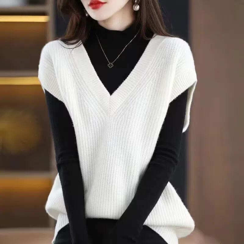 Knit Vest Women's V-neck Solid Color Top Loose Casual Pullover Pull Jumper Sleeveless Ted Bat Shirt All-match Harajuku Commuting Spring Autumn