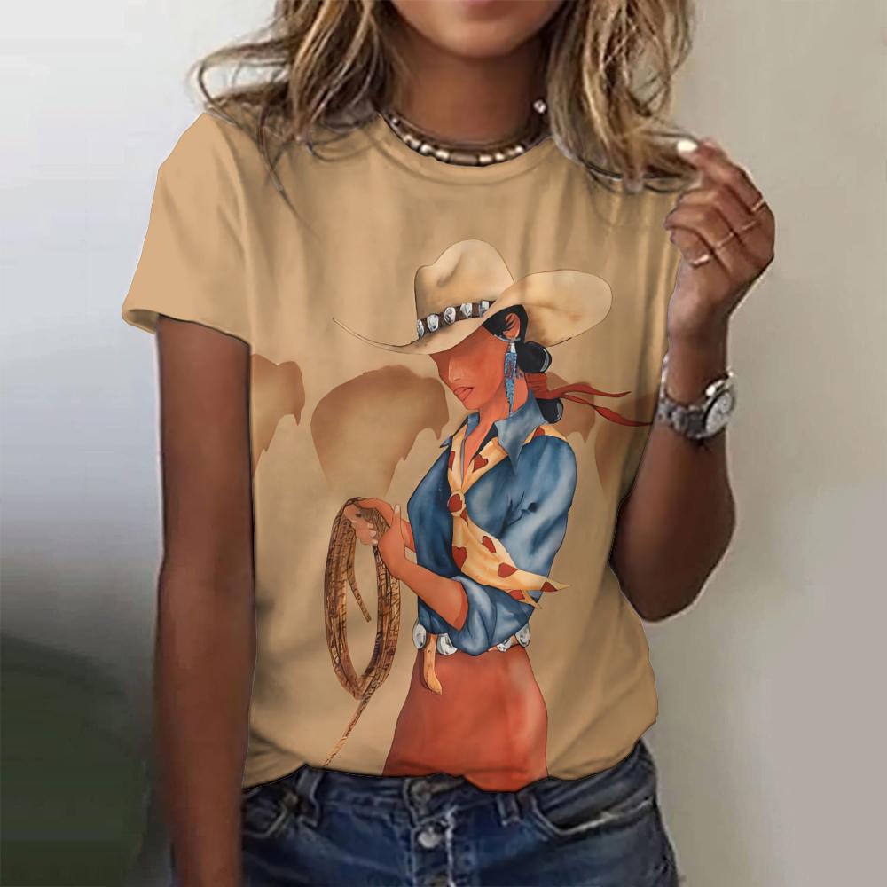 Western Cowgirl Print Vintage Women's T-shirts Casual Short Sleeves Tees Tops Summer Loose Handsome Women Clothing Pullover