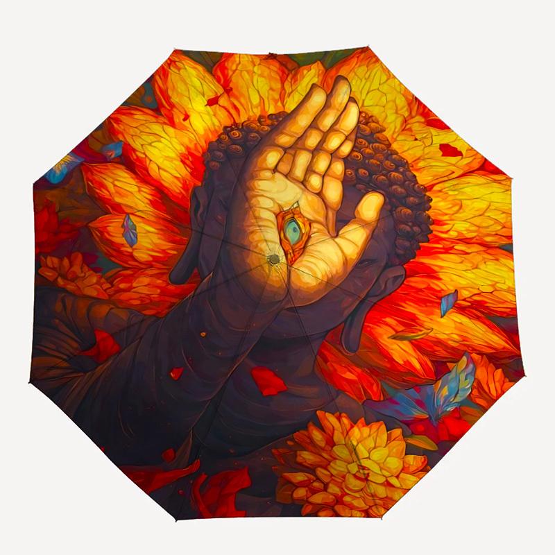 1pc Buddha Flowers Pattern Automatic Folding Umbrella - Compact 8-Rib Design, Durable Plastic & Iron, Lightweight for Outdoor Daily Use081