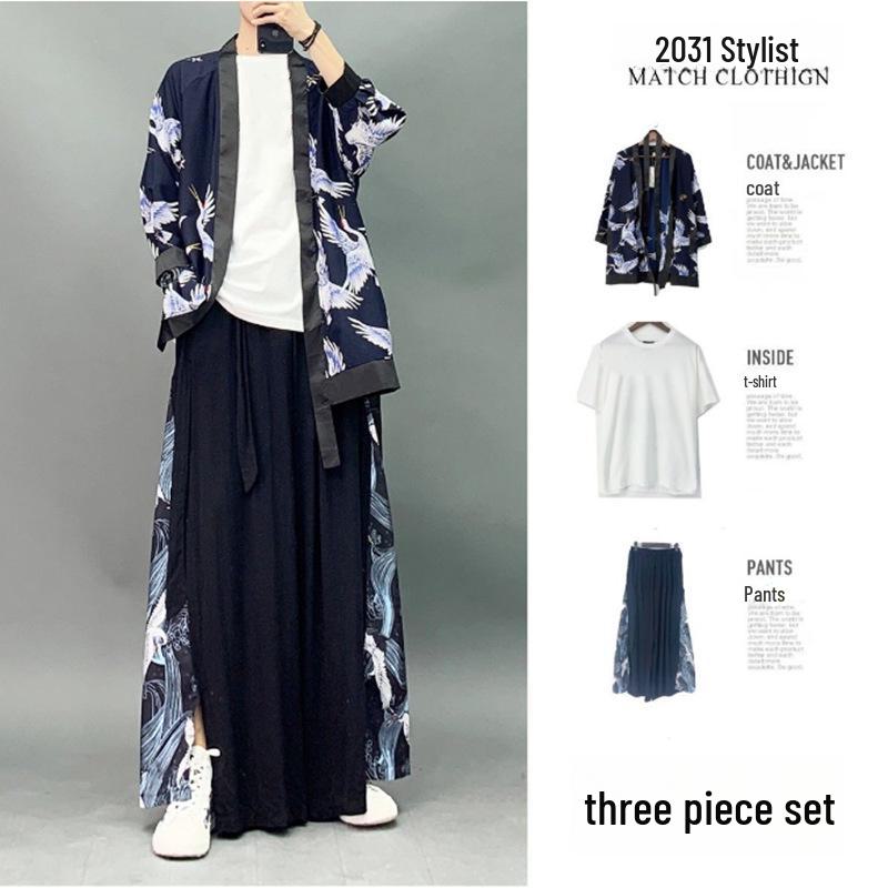 Men's Chinese Style Ice Silk Taoist Robe: Trendy Three-Piece Hanfu Tang Suit for Summer