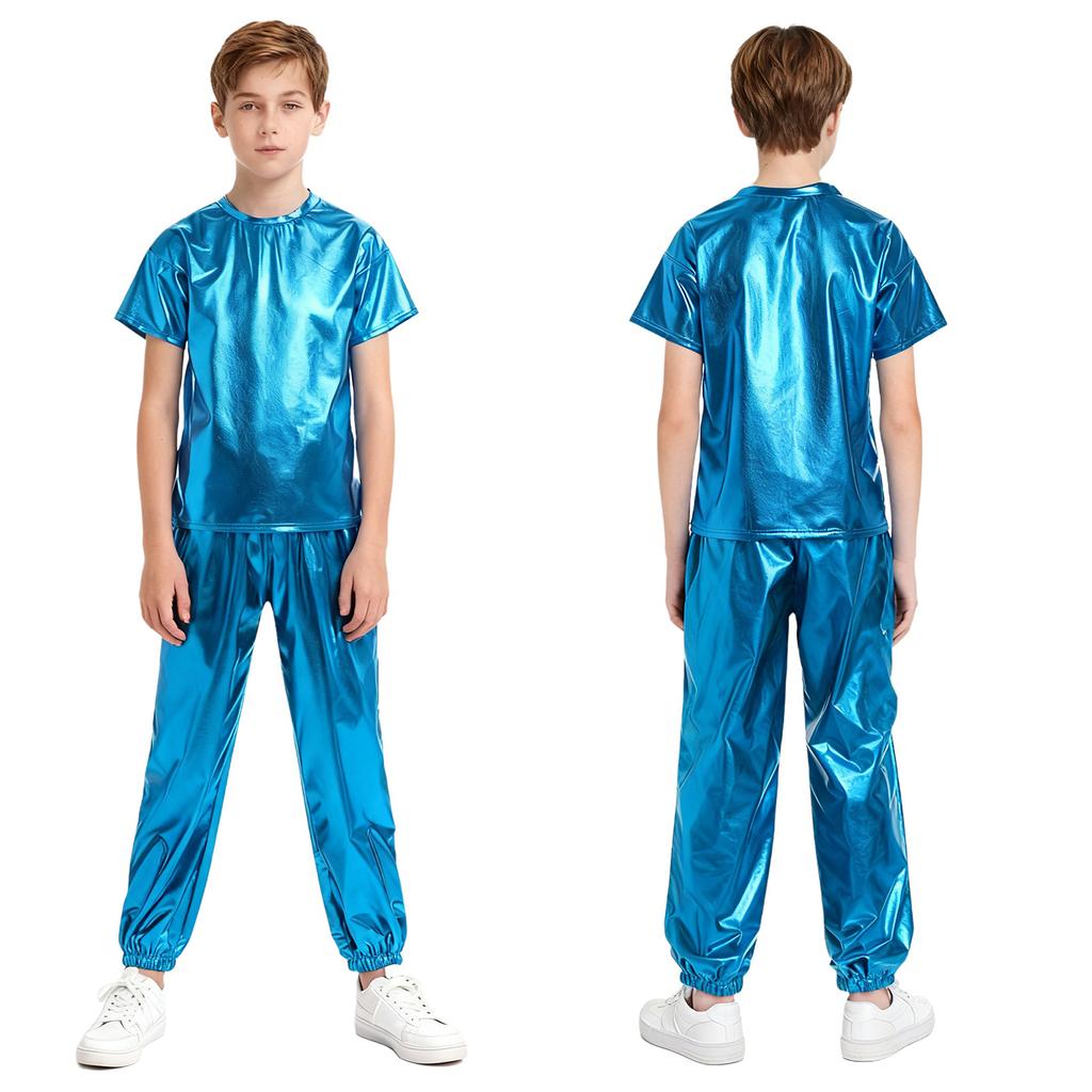 Children Stage Performance Outfit Kids Dance Party Costume Set Metallic Shiny T Shirt with Pants Unisex Ballet Jazz Wear
