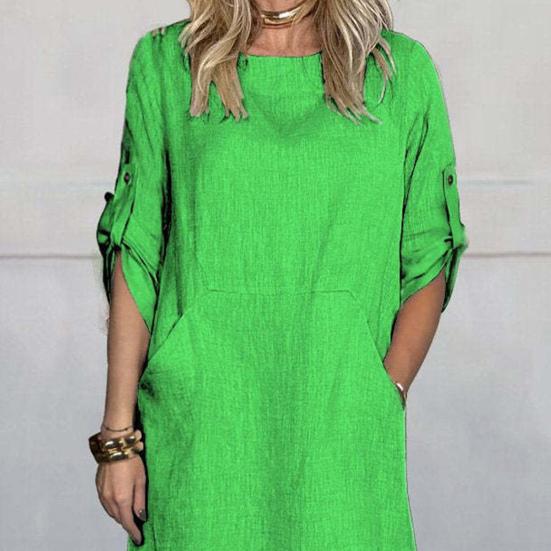Fall Spring Women Dress Short Sleeve with Cufflink Round Neck Solid Color Loose Big Pocket Commute Daily Wear Midi Dress