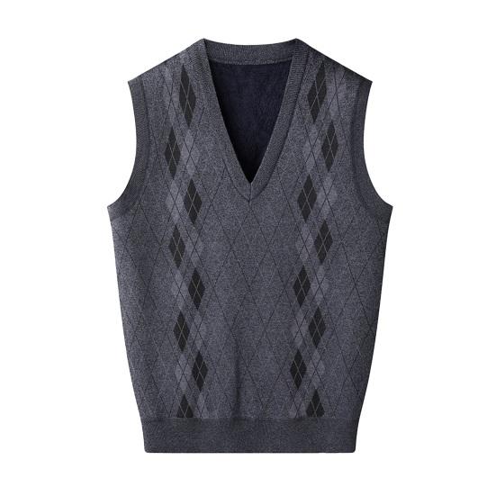 Мужской вязаный жилет с V-образным вырезом, без рукавов, утолщенная плюшевая подкладка, жилет с ромбическими узорами, зимний жилет, свитер