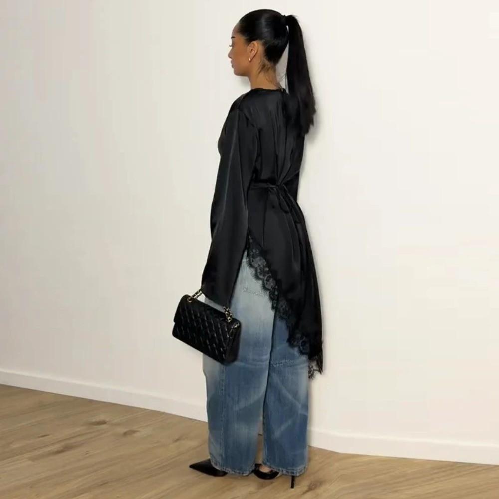 Breathable Drooping Style Blouse Long Sleeve Long Shirt Elegant Irregular Dress  Office Lady