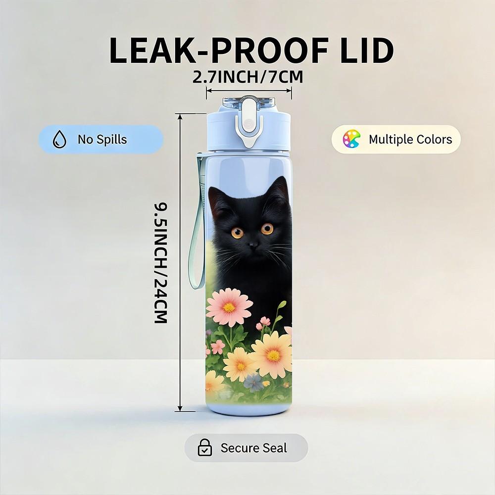 1PC Black Cat Daisy Flower Print 750ml Color Plastic Sports Water Bottle Leakproof Flip Straw Lid Suitable for Sports Office Home Use