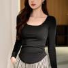 Square Collar T-shirt Women Long Sleeve Autumn New Irregular Curved Slimming Bottom Shirt
