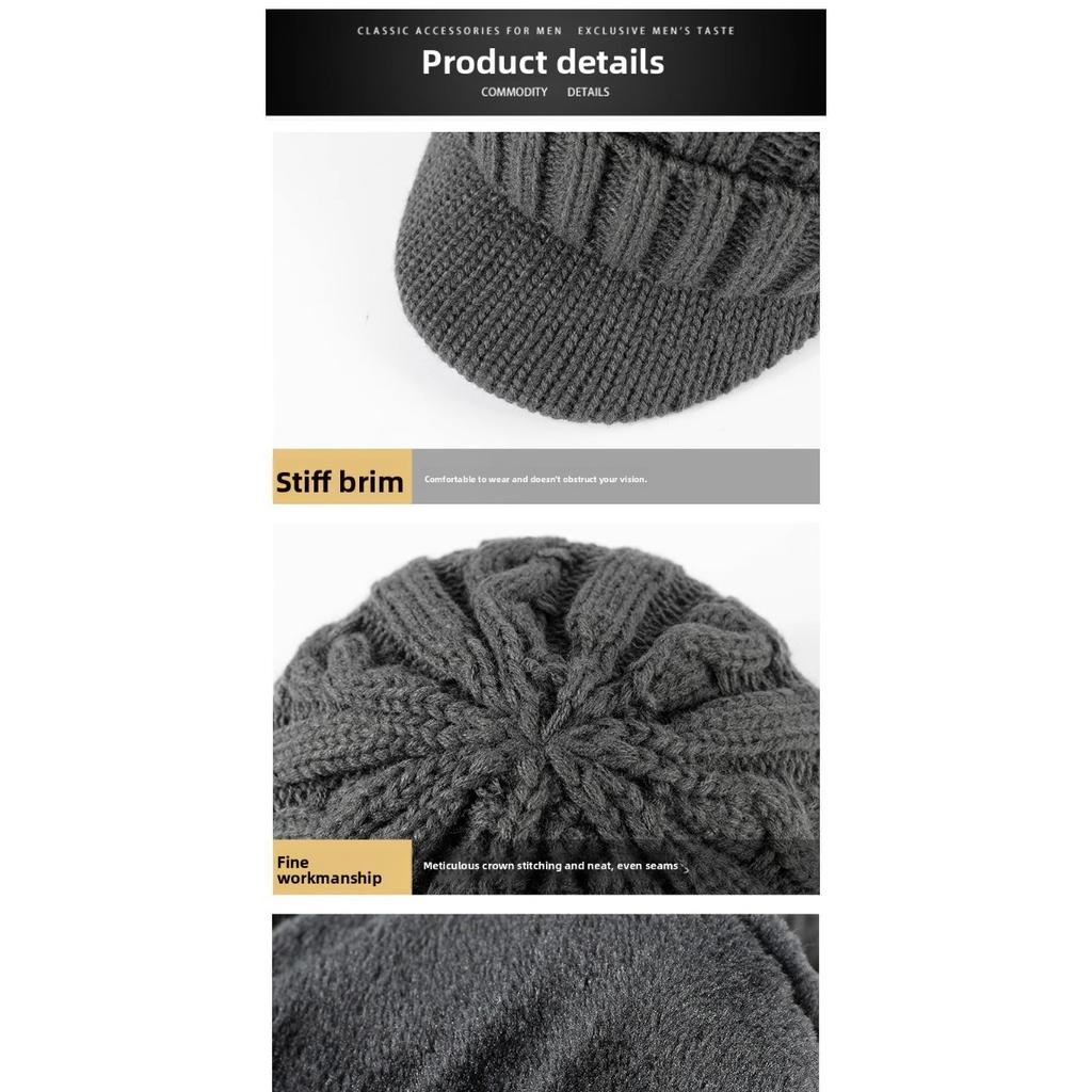 Мужская вязаная зимняя шапка с флисом - Теплая шапка без полей с коротким козырьком, подходящая для людей среднего и пожилого возраста, толстая шапка, защищающая от холода