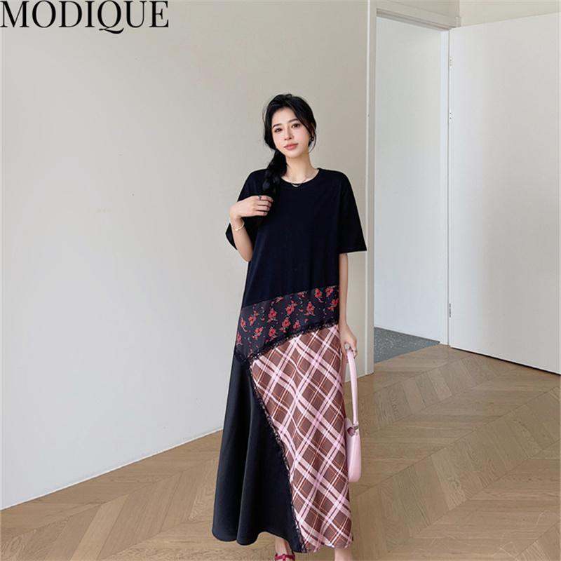 MODIQUE Summer Plus Size New Women Loose Patchwork A-Line Lace Printing Plaid Long Dresses Elegant Lady Casual Cotton O-Neck Short Sleeve Skirt