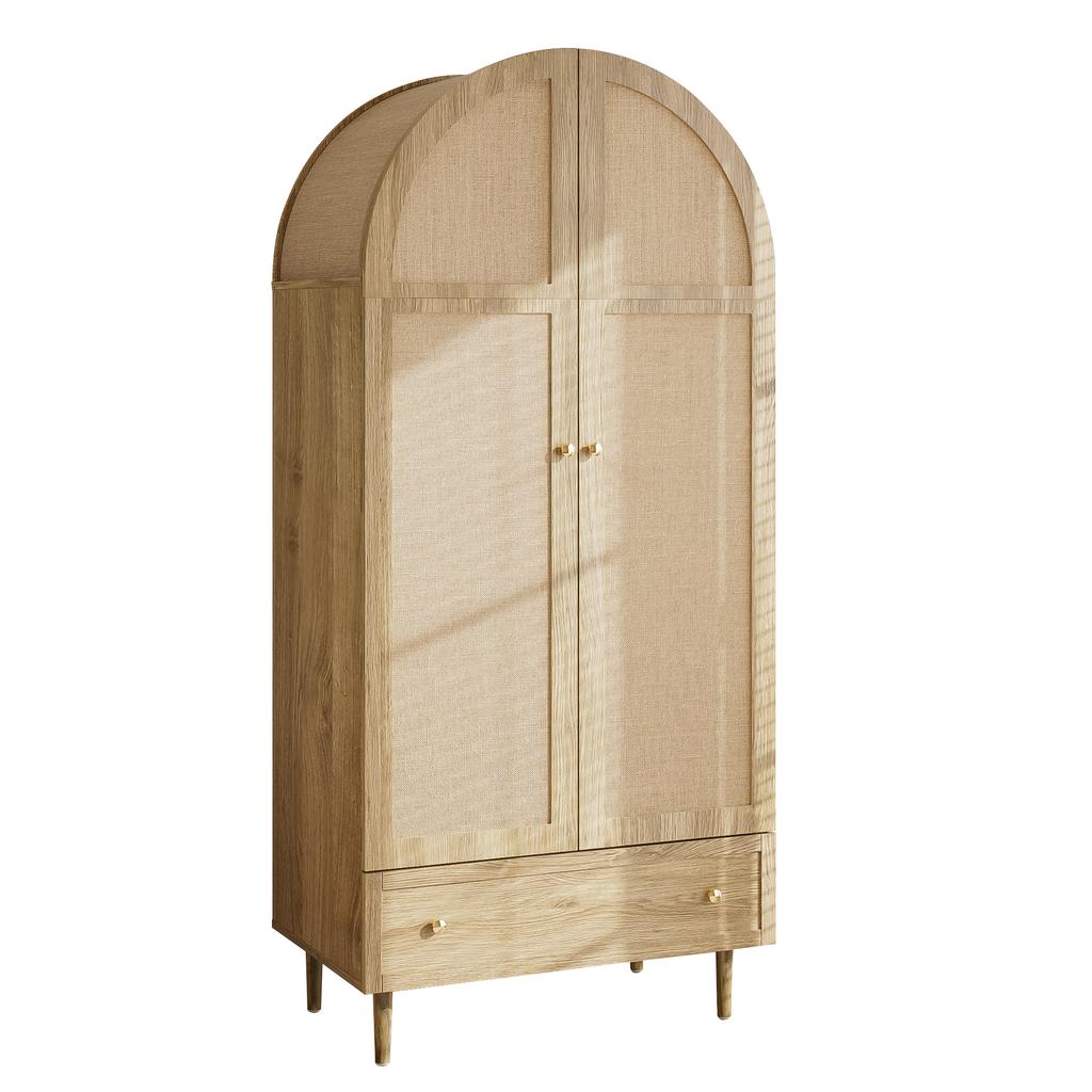 Wardrobe with Drawers, Wood Doors with Linen Fabric Cover, Large Storage Space, Wardrobe Cabinet for Bedroom, Modern Storage Solution