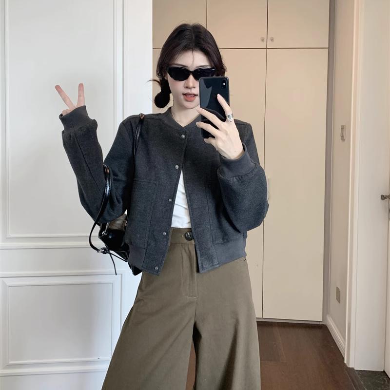 Women's Loose-Fit American Retro Short Baseball Jacket Casual Gray Outerwear for Autumn