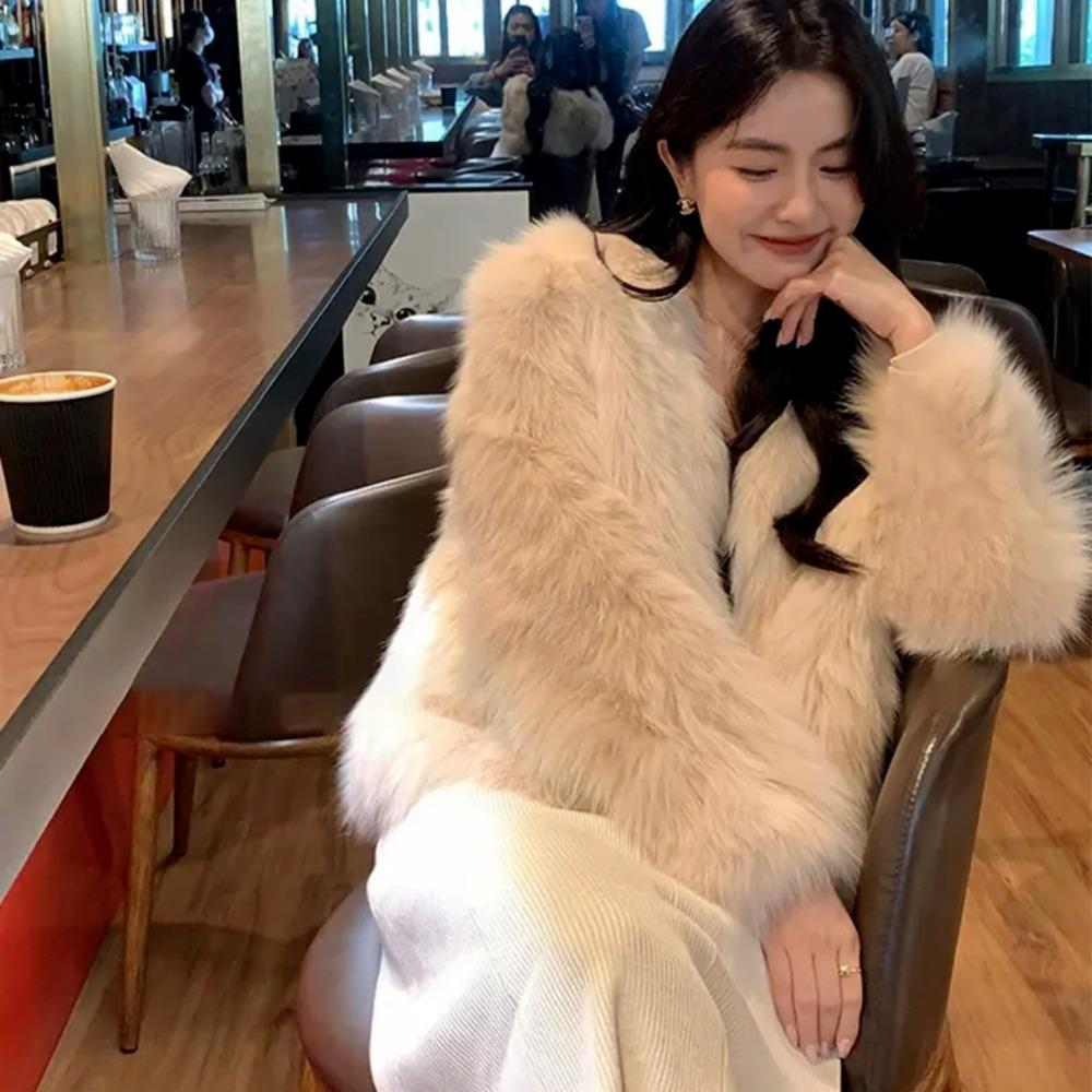Зимнее классическое темпераментное женское плюшевое короткое пальто с чистым V-образным вырезом, в повседневном стиле, женское пальто из лисьего меха