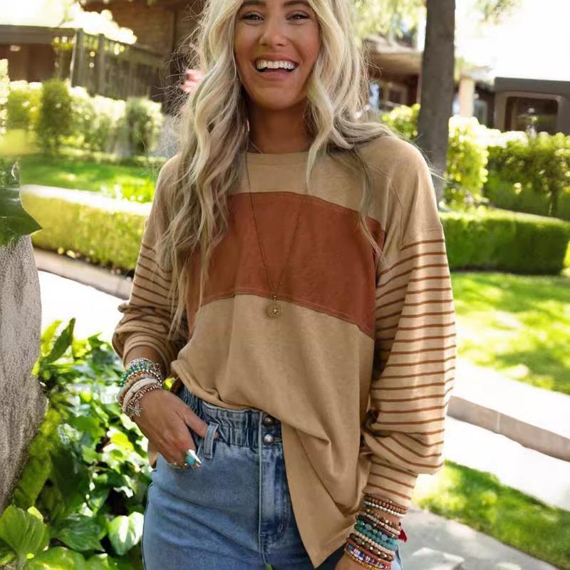 Весенняя повседневная полосатая свободная футболка с круглым вырезом для женщин, осенняя футболка с длинным рукавом больших размеров для женщин, модная элегантная простая офисная женская футболка 25782