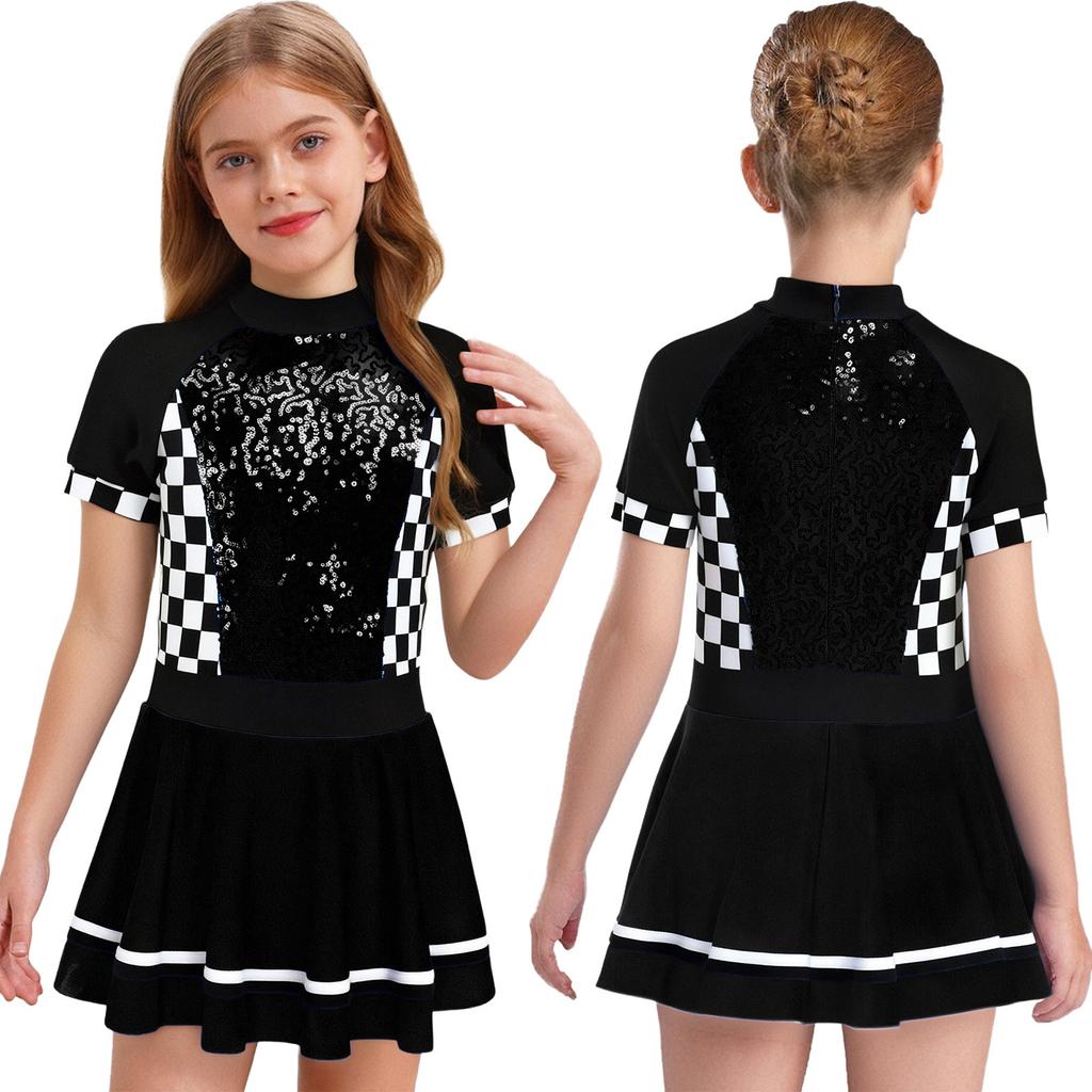 Kids Halloween Racing Costume Mock Neck Short Sleeve Back Zipper Checkerboard Sequins Dress Built-in Underwear for Theme Party