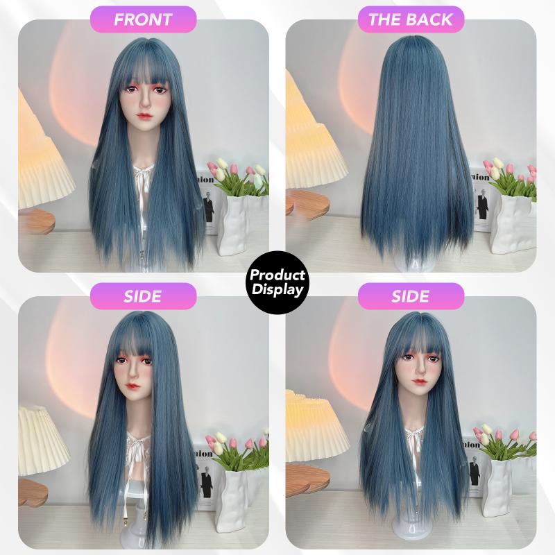 Сине-серые парики с воздушной челкой, 24-дюймовые прямые синтетические парики из синтетического волокна, термостойкие натуральные для вечеринок или селфи для женщин, повседневное использование, корейская мода