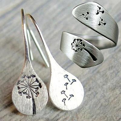 Женщины Старинные Серьги Одуванчик Дизайн Классический Стиль Элегантные Серьги-гвоздики Уха Одуванчик Спиральное Открытие И Палец Кольцо Регулируемый Комплект Ювелирных Изделий