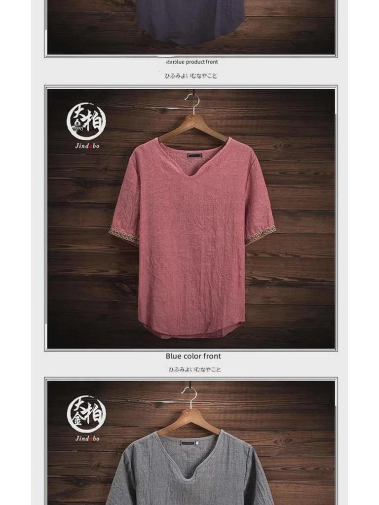 Мужская летняя корейская футболка из хлопка и льна с V-образным вырезом и коротким рукавом — дышащая, универсальная, модная, с коротким рукавом для больших размеров